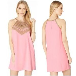 Lilly Pulitzer Pearl Soft Shift Pink Dress with Gold Crochet Accents Size 10
